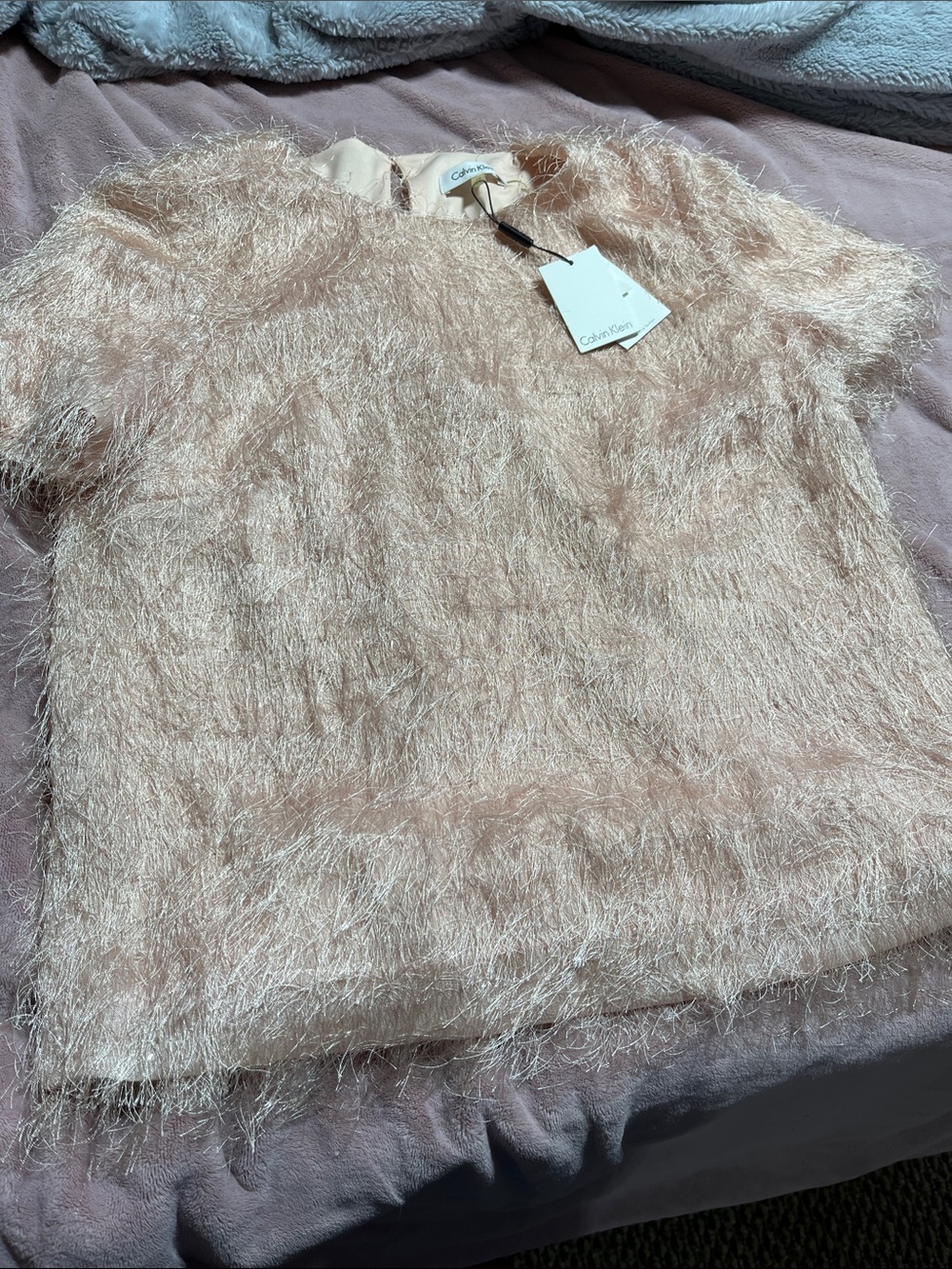 Calvin Klein Blush Pink Eyelash Faux-Fur Short Sleeve Top